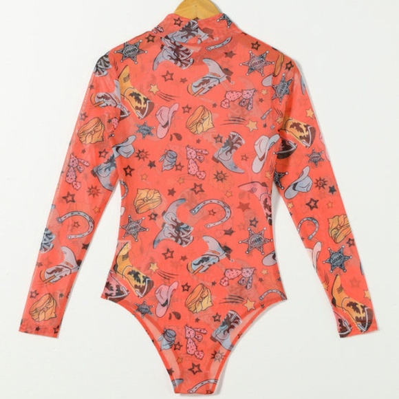 Mesh, Colorful Multi-Boots Mock Neck Bodysuit Large - Picture 4 of 7